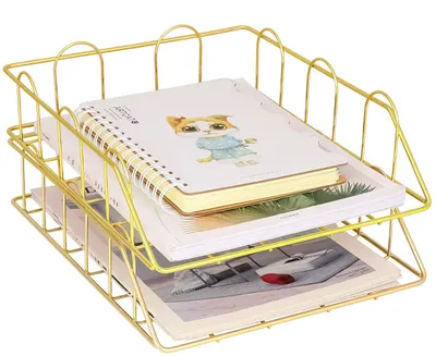 Produktbild von Stapelbare Papierablage aus Metalldraht, Schreibtisch-Organizer, Bürobedarf, Dokumenten-, Briefablage, 2er-Set, Gold 25,5 x 30,5 x 8 cm