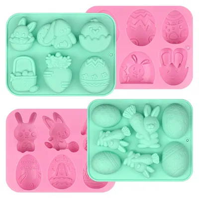 Produktbild von 4-teilige Oster-Schokoladenform mit 6 Mulden in Hasenform, antihaftbeschichtete Silikonform zum Backen von Pralinen, Süßigkeiten und Cupcakes