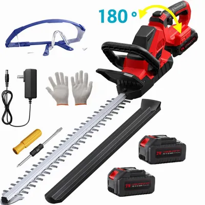 Produktbild von Akku Heckenschere, 21" Klingen Heckenschere mit 2 × 4000mAh Akkus, 3000RPM, bürstenloser motor,180° drehbarer Kopf,Doppelter Sicherheitsschalter,Rot