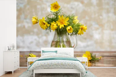 Produktbild von MuchoWow® Fototapete für Wohnzimmer oder Schlafzimmer Wandtapete Vinyl Motivtapete Blumen - Gelb - Stilleben - 525x350 cm - Das Hintergrundbild
