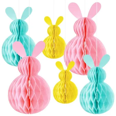 Immagine prodotto di Set di 6 palloncini a forma di coniglio per decorazioni pasquali, in cartone, nei colori rosa, giallo e verde chiaro