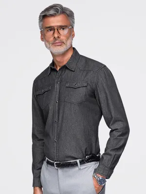 Produktbild von Männer Jeanshemd mit Knöpfen und Taschen - schwarz V3 OM-SHDS-0210 L