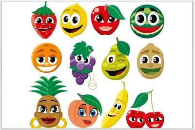 Produktbild von Wallario Wandbild Obst-Smilies im Comic-Stil - Lustige Früchte, Größe: 61 x 91,50 cm, Poster mit weißem Aluminiumrahmen