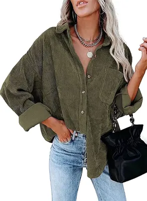 Produktbild von ASKSA Damen Bluse Reverskragen Langarm Cord Herbst Hemdjacke Knöpfen Cardigan Oberteil, Armeegrün, M
