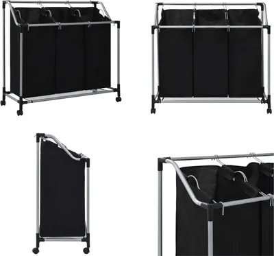 Produktbild von vidaXL Wäschekorb mit 3 Taschen Schwarz Stahl - Wäschesortierer - Wäschesortierbeutel - Wäschekörbe - Wäschekorb
