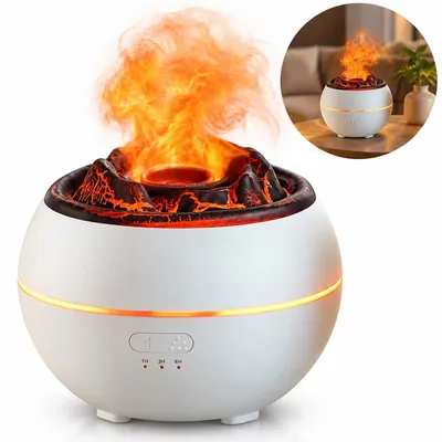 Produktbild von Aroma Diffuser für ätherische öle Vulkan in Weiß, Ultraschall Vernebler mit Flammeneffekt, 360 ml Wassertank, Timer und Trockenlaufschutz