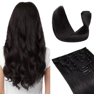 Produktbild von Clip in Extensions Echthaar 8 Stück 25 cm Schwarz 50g Remy Human Hair 18 Clips