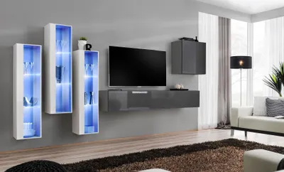 Obrázek produktu pro Nástěnná skříňka šedá moderní lesklý TV stolek dřevěný nábytek nábytková sestava