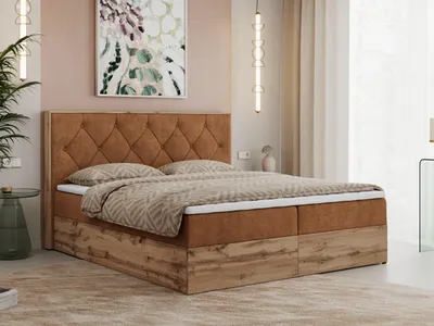 Obrázek produktu pro Boxspring, Moderní postel VENETO Kompletní set s Topperem - 200x200 cm - Tvrdé materace H4 | Oranžová Strukturovaná látka - Topper T25