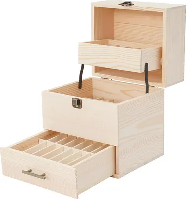 Obrázok produktu pre Drevená krabička na éterické oleje – úložná krabička – 3 úrovne – 59 priehradiek – pre fľaštičky s objemom 10 ml/15 ml – aj na laky na nechty a kozmetiku – khaki