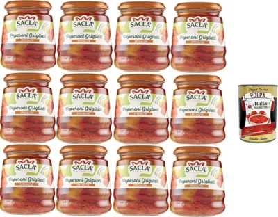 Produktbild von Saclà,Peperoni Grigliati, gegrillte Gurken, gegrillte Paprika, ideal für Vorspeisen, Beilagen und für Ihre Zubereitungen,12x290gr + Italian Gourmet polpa 400g