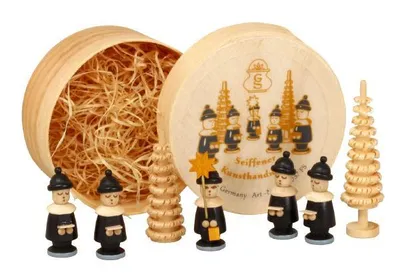 Produktbild von Miniaturfigur Spanschachtel mit 5 Kurrendefiguren Ringelbaum schwarz Höhe 5 cm NEU