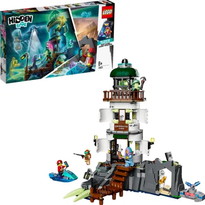 A LEGO Hidden Side lighthouse playset with figures and accessories.