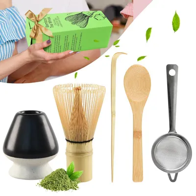 Produktbild von 5-teiliges Matcha Set Schwarz mit Besen, Sieb und Löffeln aus Bambus