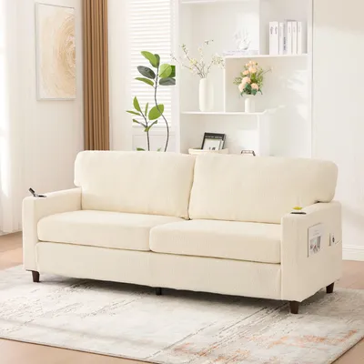 Image de LVHOM Canapé 2 places avec USB&LED, Canapé 2 places capitonné Chenille, Loveseat avec porte-gobelets, Canapé double en tissu Canapé lounge, Beige