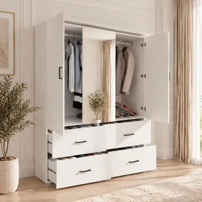 Productafbeelding van INONEFT Kledingkast met spiegel, moderne garderobekast met 2 deuren en 4 lades, kast voor slaapkamer, tienerkamer, 130x182x52 cm, wit