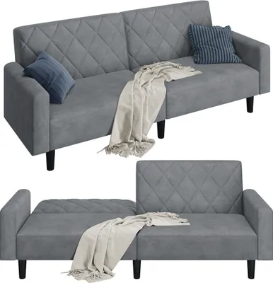 Produktbild von Yaheetech 2 Sitzer Sofa Couch mit Schlaffunktion, 159cm Sofabett aus Samtstoff, 140,5 × 94 cm Liegefläche, für Wohnzimmer, Dunkelgrau