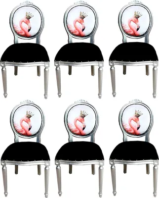 Produktbild von Casa Padrino Luxus Barock Esszimmer Set Flamingo mit Krone Schwarz / Mehrfarbig / Silber 48 x 50 x H. 98 cm - 6 handgefertigte Esszimmerstühle mit Bling Bling Glitzersteinen - Barock Esszimmermöbel