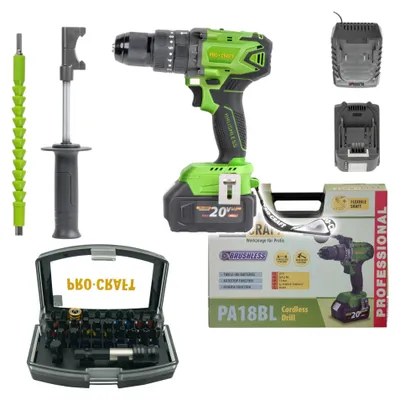 Produktbild von Procraft PA18BL Akku Schlagbohrschrauber 20 V 50 Nm Brushless + 2x Akku 4,0 Ah + Ladegerät + 32 tlg. Bit Set + Koffer