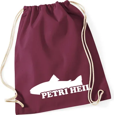 Produktbild von Huuraa Turnbeutel Petri Heil Fischergruß 12 Liter Burgundy Baumwolle Rucksack Geschenkidee