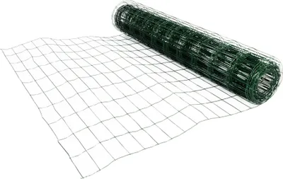 A roll of green wire mesh fencing is partially unrolled on a white surface.