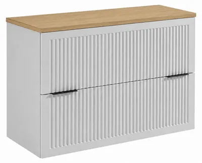 Obrázek produktu pro Závěsná skříňka do koupelny, rozměry 80 x 46 x 58,6 cm, s zásuvkami, korpus v bílé barvě, deska v odstínu světlého dubu, úchytky v černé barvě, Obrázek vytvořený pomocí AI