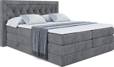 Produktbild von ALTDECOR Boxspringbett mit H3 Matratze-Bonellfederung, H4 Multipocket-Matratze (18 cm hoch) PUR, Topper (4 cm hoch), Polsterbett mit Kopfteil und Bettkasten - NOEL KING - 200x200 - Dunkelgrau Samt