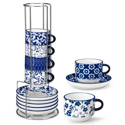 Produktbild von VANCASSO 4-tlg Tassen Set, Porzellan Espresso-Set, Kaffeetasse mit Unterteller, Metallständer, 270ml, Blauweißes Porzellan