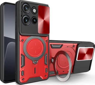 Obrázek produktu pro Pouzdro pro Motorola Edge 50 Neo dvojvrstvé odolné pouzdro s ochranným krytem kamery a kruhovým stojánkem na prsten Červený