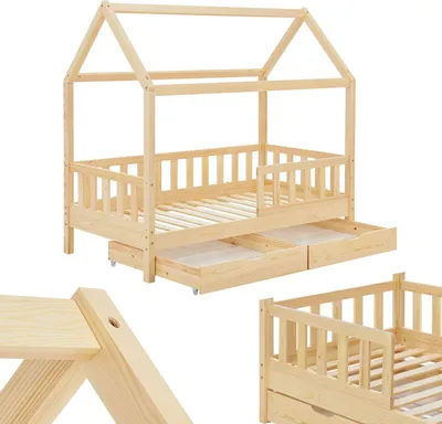 Produktbild von Juskys Kinderbett Marli 80 x 160 cm - Bettkasten, Gitter, Lattenrost & Dach - Holz Natur