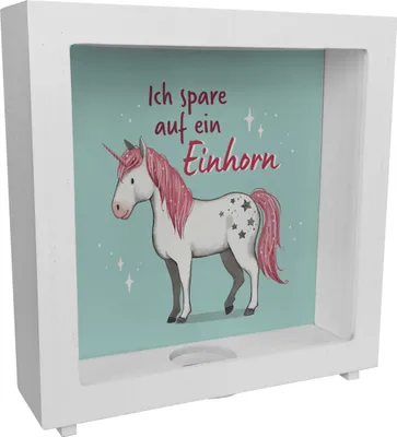 Produktbild von Einhorn Rahmen Spardose aus Holz in mintgrün mit Spruch Ich spare auf ein