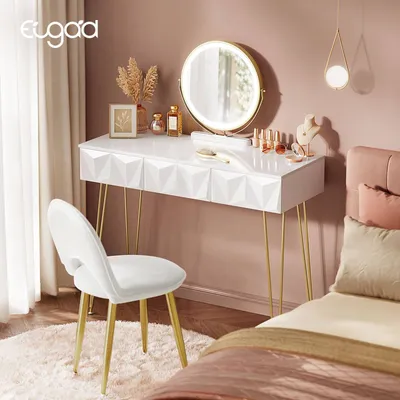 Produktbild von EUGAD Schminktisch mit Beleuchtung, Stuhl, 360° drehbarem Spiegel, Weiß + Golden