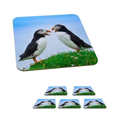 Obrázok produktu pre KitchenYeah® Podložky pod sklo Square Set of 6 Puffins - Grass - Blue 10x10 cm Podložky pod poháre - Podložky pod nápoje - Chrániče na stôl - Podložky pod poháre Stolové barové sklo