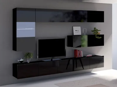 Produktbild von Wohnwand CALABRINI-4 Wohnzimmer-Set Hängewohnwand Schrankwand mit LED-Beleuchtung TV-Schrank Vitrine Moderne Anbauwand Hochglanz (Schwarz)