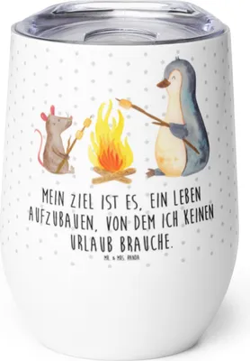 Produktbild von Mr. & Mrs. Panda Thermo Becher Pinguin Lagerfeuer - Weiß - Geschenk, Maus, Arbeit, Thermobecher, glühweinbecher, Job, Outdoor, thermosbecher, kaffee tasse, Marshmallows