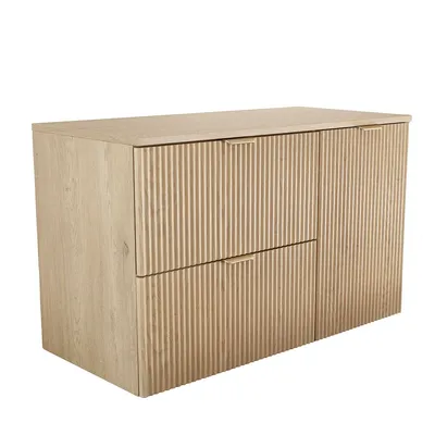 Produktbild von WENA Waschtischunterschrank 100 cm mit Wäschekorb, geriffelte Fronten, Griffe aus Metall in der Farbe Gold (Farbe: Eiche Cremona)