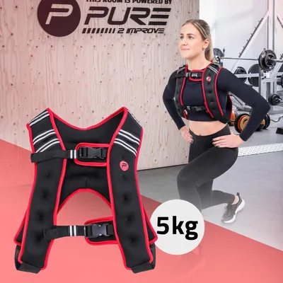 Image de Pure2Improve Gilet de poids 5 kg, noir-rouge, en néoprène/nylon, gilet d'entraînement avec bandes réfléchissantes et sangles de réglage, gilet de fitness gilet de course, Weight Vest pour l'entraînement de force et d'endurance de la musculation