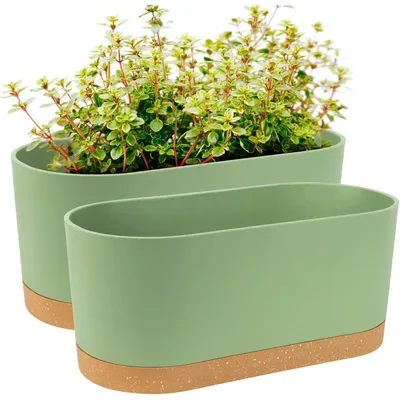 Productafbeelding van Twee zelfwatergevende vensterbakken, elk 40 x 17,8 cm, met afvoergaten en bakjes, kleur groen