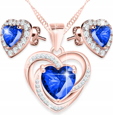 Image de Ensemble collier et boucles d'oreilles plaqués or avec cœurs bleus et zirconium, argent 925