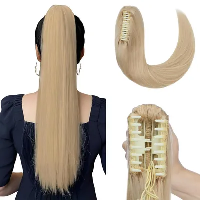 Produktbild von Haarteile Zopf Echthaar Extensions mit Klammer 55cm 120g Pferdeschwanz Ponytail Remy Glatt Human Hair #613 Gebleichtes Blond