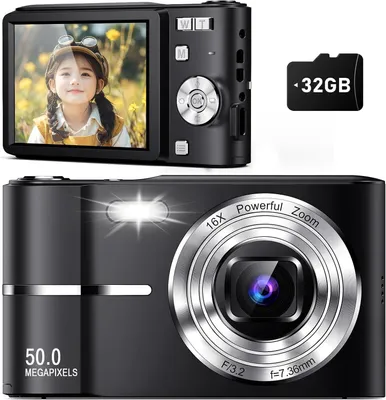 Produktbild von 1080P Digitalkamera mit 32 GB Karte, 50 MP Kinder kompakte Digitalkamera, 16-facher Digitalzoom, 2,4-Zoll-Bildschirm, tragbare Kompaktkamera, Schwarz