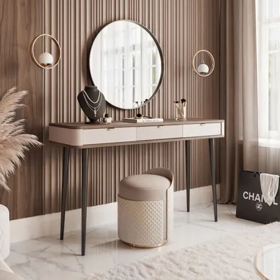 Image de Console NAVANI 130 cm 3 tiroirs Coiffeuse Cachemire + Noyer Bureau Pieds Métalliques Système Soft-Close Console Table de maquillage Poignées