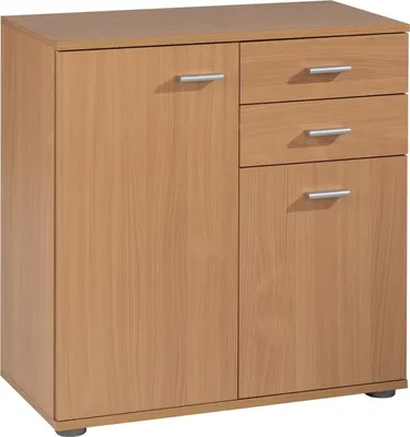 A light brown wooden cabinet with two doors on the left and three drawers on the right, shown against a white background.