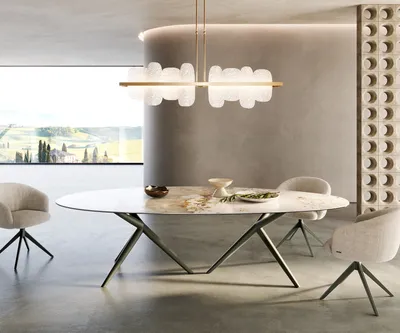 Produktbild von DELIFE Esstisch Edge Oval 280x130 Keramik Minas Melange Weiß-Beige Estelar rund Metall Effektfinish Titan
