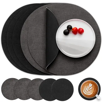 Runde Platzsets aus Kunstleder, doppelseitig, 6-teilig, grau, 36 cm