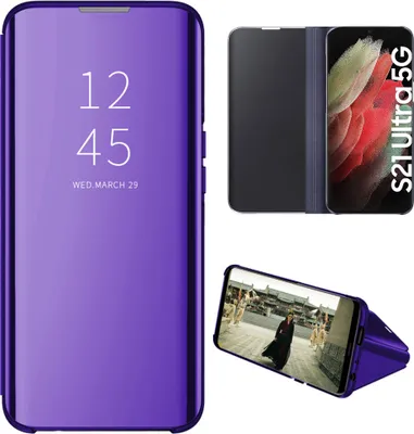Obrázek produktu pro Pouzdro pro Samsung Galaxy S21 Ultra 5G průhledné zrcadlové flipové pouzdro,Polyuretankůže, s funkcí stojánku modré Fialová