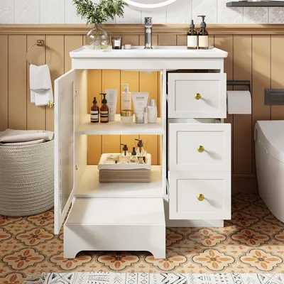 Produktbild von okwish Badschrank Waschtischunterschrank mit Keramikbecken und LED Beleuchtung Badezimmerschrank mit versteckter Fußstütze und goldenen Griffen Weiß