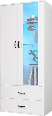 Produktbild von 16 Farben LED-beleuchtete Vitrine, 2 Türen, 2 Schubladen mit Glastüren，Standvitrine Weiße LED-Vitrine Wohnzimmer Wohnzimmerwand LED-Vitrine LED-Schran