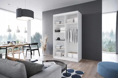 Zdjęcie produktu dla Stylowa szafa przesuwna LOKO5 120cm biała - w komplecie z dużym lustrem, półkami, drążkiem, do każdego pomieszczenia, solidna konstrukcja