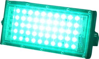 A rectangular LED floodlight with green lights, shown against a white background.